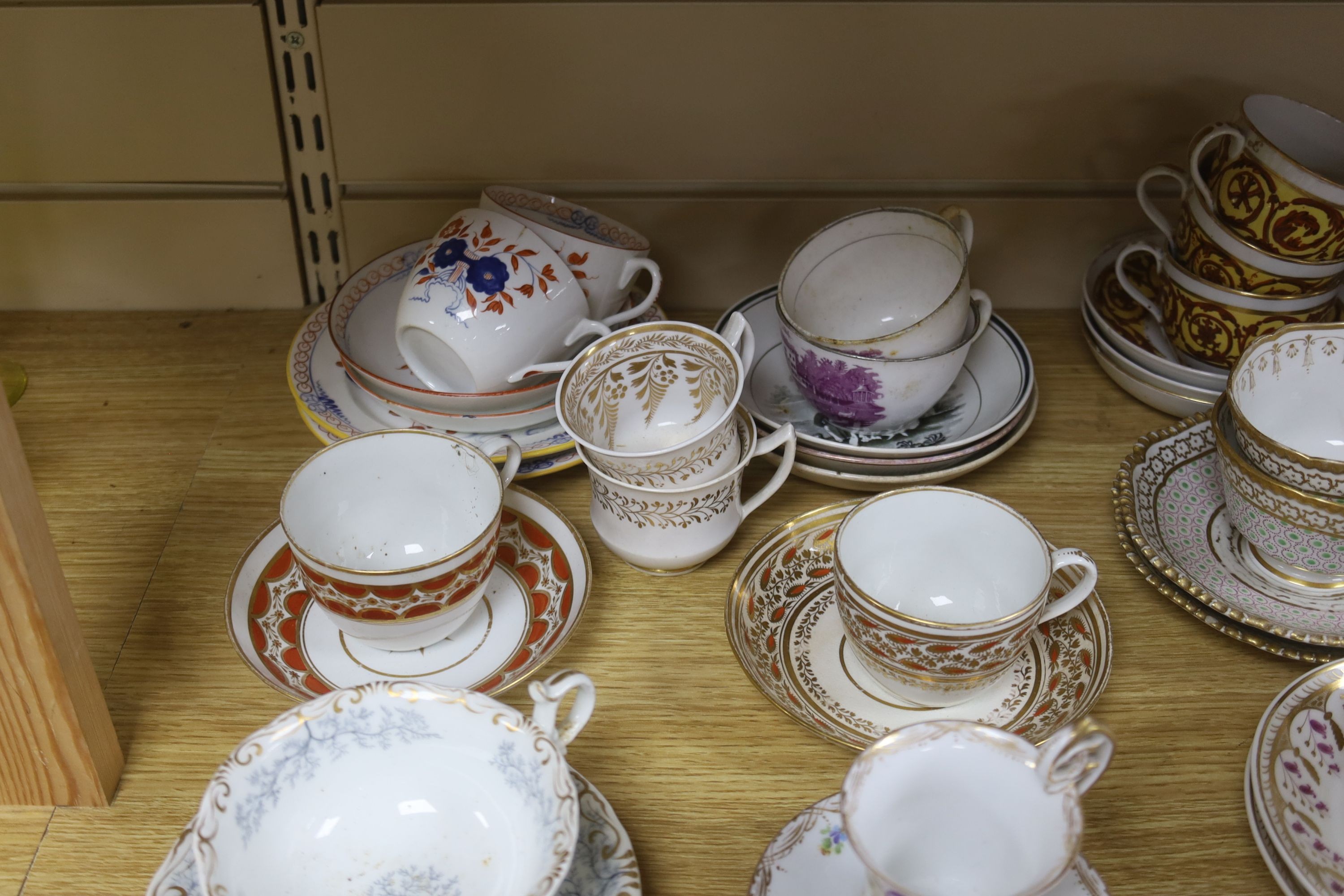 A group of 19th century and later cups and saucers, etc., majority English porcelain